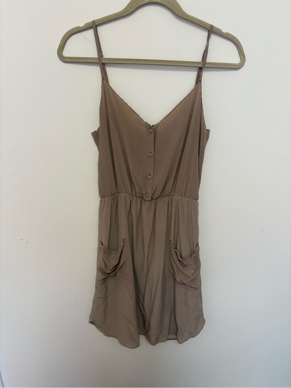 T. Babaton Aritzia 100% Silk Taupe Button Front Mini Dress Size XS minimalist